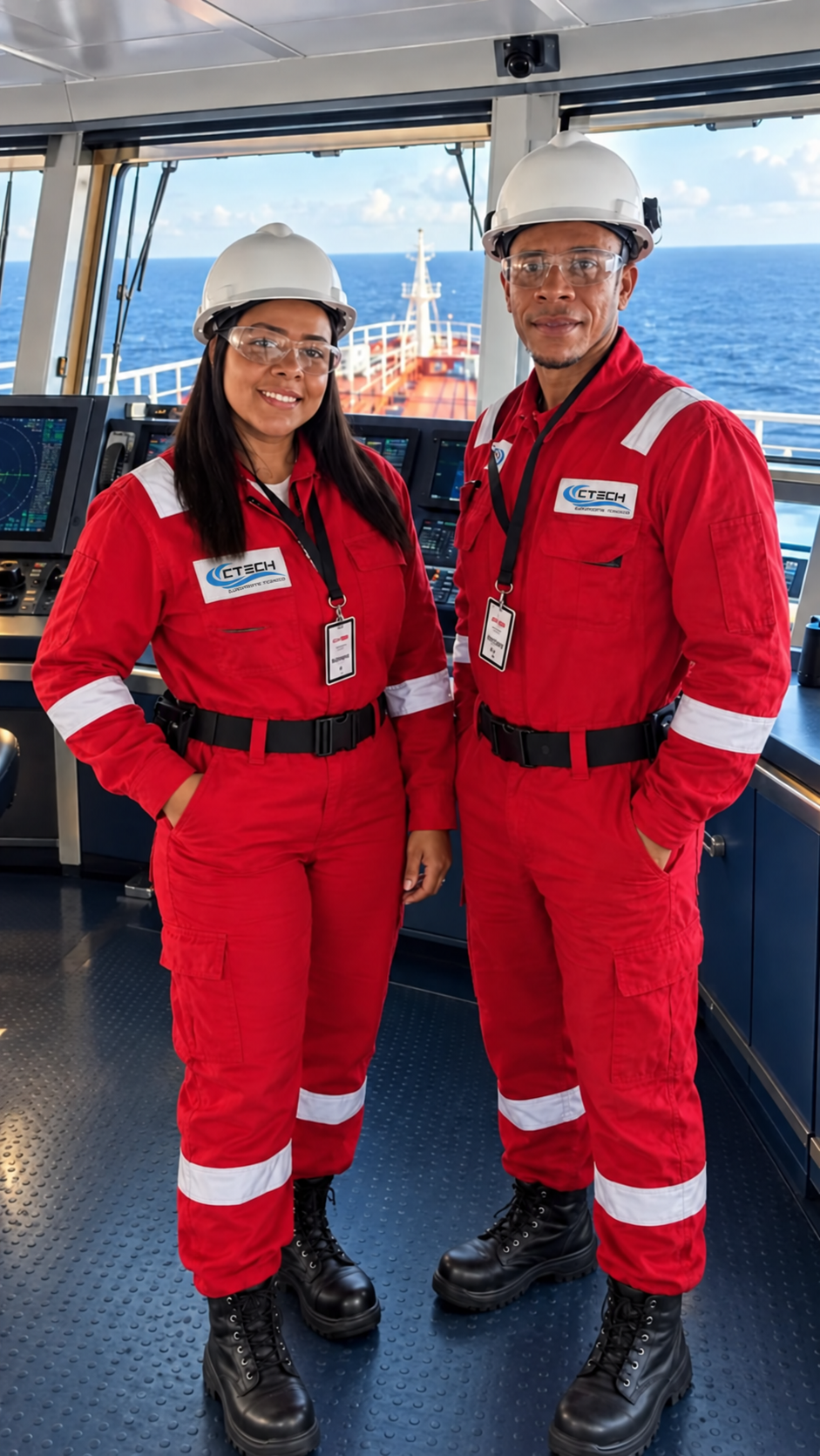 Edmar Rocha e Isabelly Rocha a bordo, com uniformes vermelhos da CTECH